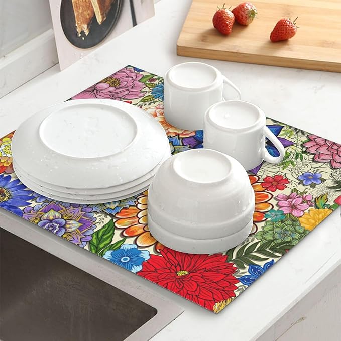 Boho Floral Dish Drying Mats for Kitchen Counter, Absorbent Microfiber Colorful - Image 3