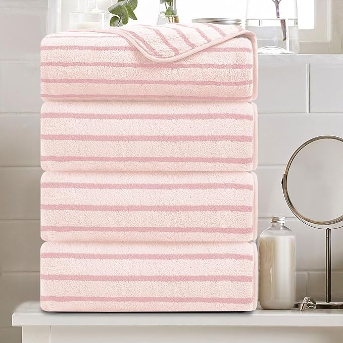 4 Piece Pink Cabana Stripe Large Bath Towels 35"x70" Oversized Bath Sheet Super by Oliven