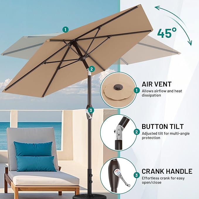 AreShark 7.5FT Patio Umbrella Table Market Umbrella with 6 Sturdy Ribs, Button Tilt/Crank, Heavy-Duty Outdoor Umbrellas for Pool, Deck, Garden and Backyard, Beige - Image 3