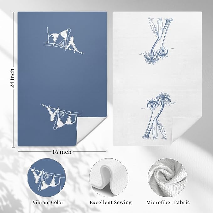 Blue Beach Surfboard Kitchen Towels, Coastal Tropical Palm Tree Decorative Hand - Image 2