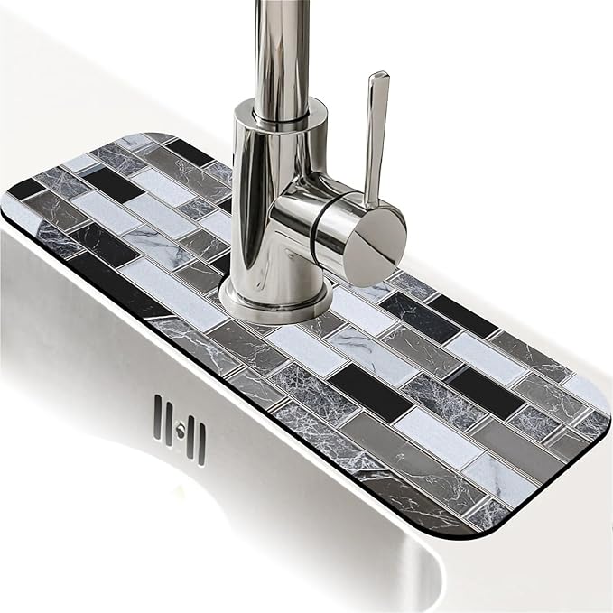 Kitchen Sink Splash Guard，White-black gray tiles Faucet Mat Sink Gadgets-Super by ZHUZHISHAN