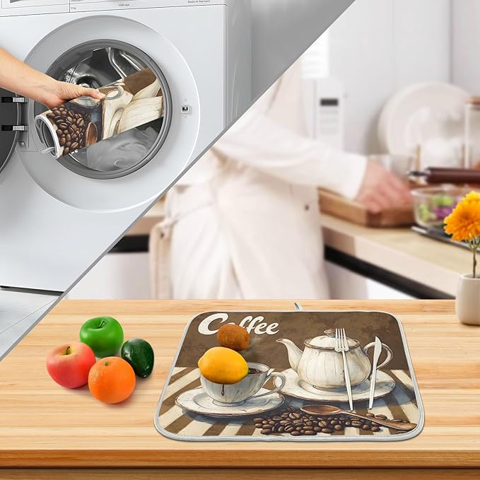 Coffee Themed Dish Drying Mat for Kitchen Counter Absorbent Microfiber Small - Image 4