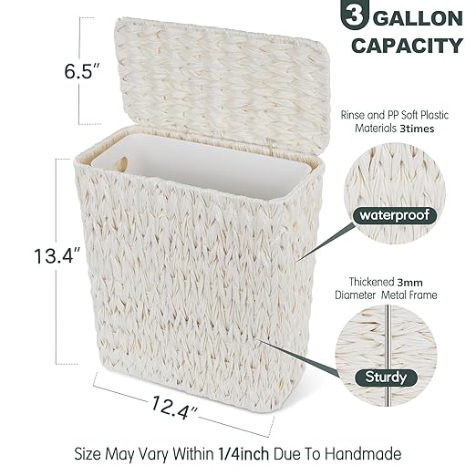Wicker Trash Can with Lid and Liner, Boho Decotative Small Bathroom Trash Cans - Image 4