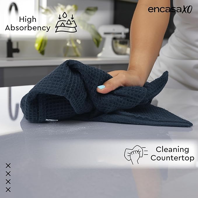 Encasa XO Kitchen Dish Towels Set | Navy Blue | Waffle Weave and Flat Hand Tea - Image 2