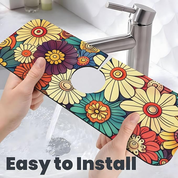 Kitchen Faucet Mat 15 x 5.5 Inch Abstract retro flower Faucet Draining Mat - Image 5