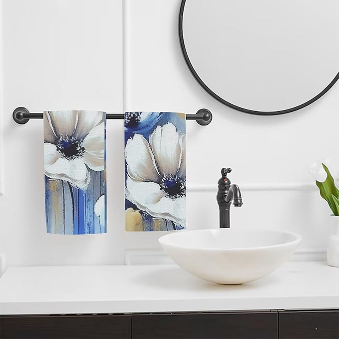 Watercolor White Blue Flowers Hand Towel Set of 2, Abstract Oil Painting Floral - Image 6