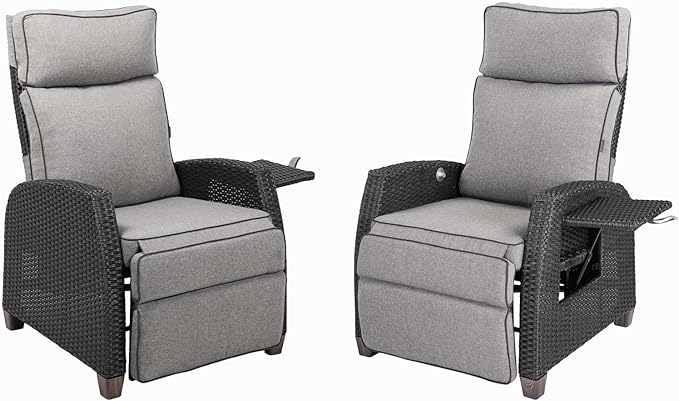 Grand patio Outdoor Reclining Chairs with Extended Footrest 2-Piece Adjustable WickerPatio Lounge Recliner up to 15 with Flip Side Table, Cool Grey - Image 9