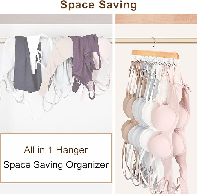 Bra Hanger for Closet, Tank Top Organizer 20 Hooks Capacity Foldable Wood Space - Image 6
