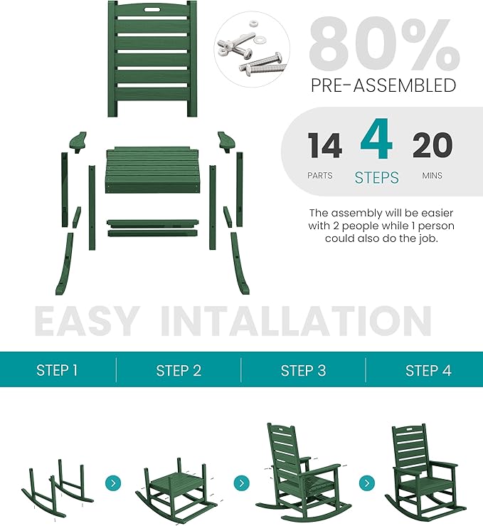 SERWALL Outdoor Rocking Chair Set of 4, Oversized HDPE Patio Rocking Chair with Footrest for Adults, All Weather Porch Rocker for Deck Patio Balcony, Green - Image 5