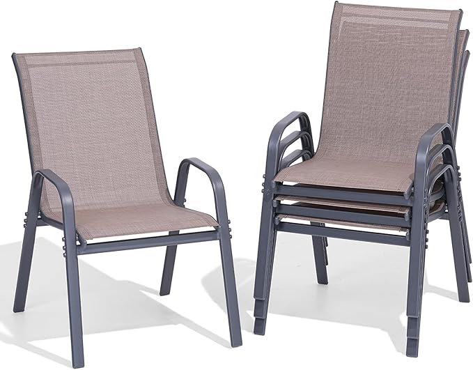 Patio Chairs Set of 4, Easily Set Up Stackable Outdoor Dining Chairs with High Back and Wide Seat, All Weather Breathable Outdoor Chairs Set of 4 with Metal Frame for Backyard Deck Pool, Brown by Dovov