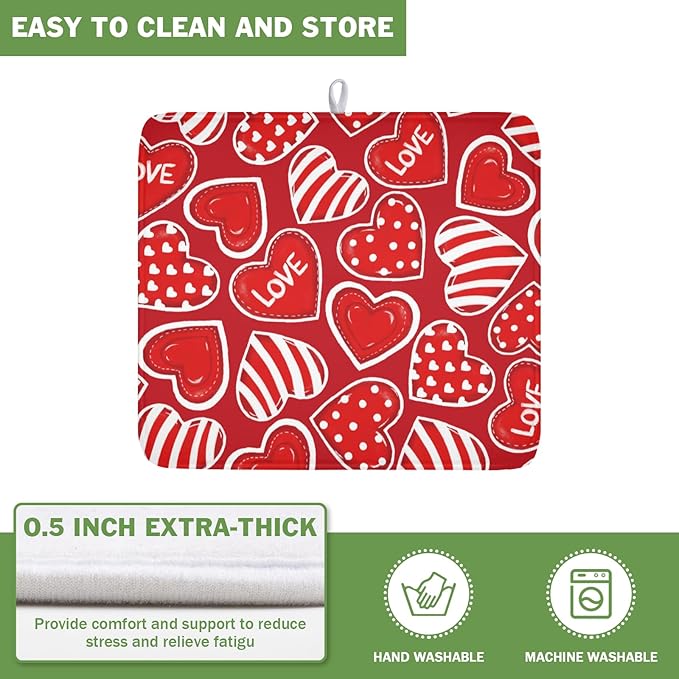 Valentines Day Dish Drying Mat for Kitchen Counter Red Polka Dot Stripe Love - Image 5