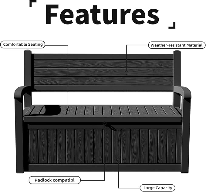 80 Gallon Outdoor Storage Bench Deck Box Waterproof Lockable,Outdoor Storage Furniture for Patio,Garden and Porch,Tools and Cushions（ Black Stripe） - Image 8