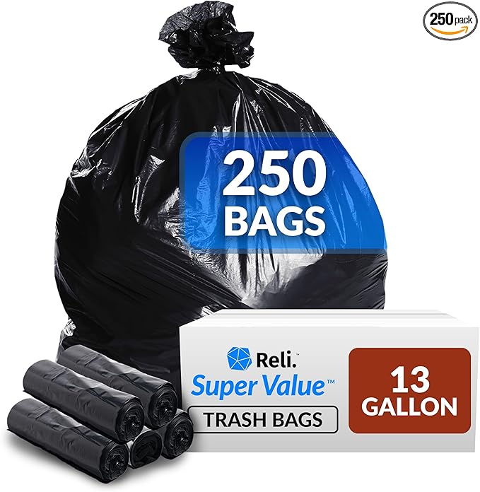 Reli. 13 Gallon Trash Bags | 250 Bags | Black | Tall Kitchen | Strong | Garbage by Reli