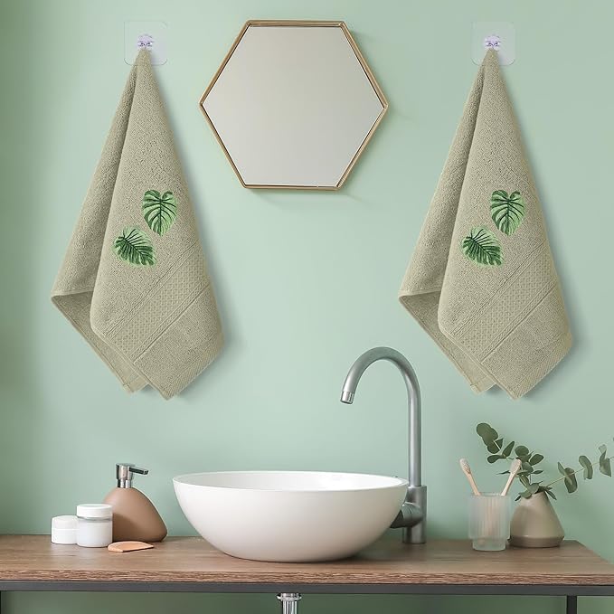 2 Pcs Tropical Palm Leaves Hand Towels Gray Green Bathroom Decor 14x29 Inch - Image 6