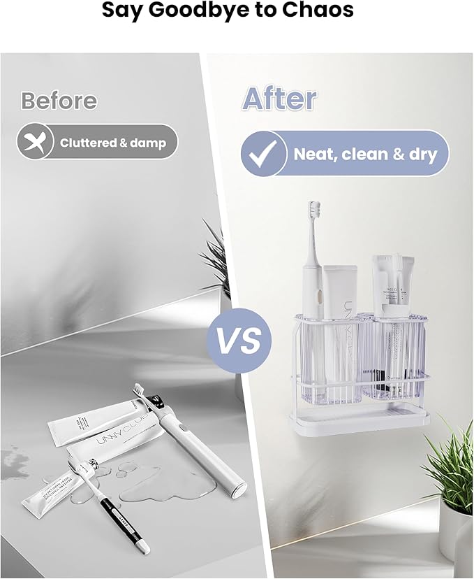 KONE Clear Toothbrush Holders for Bathroom, 2 Cups Wall Mounted, Dry & Wet - Image 5