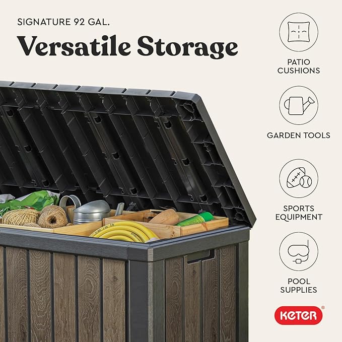 Keter Signature Collection 92 Gallon Resin Deck Box Organization and Storage Box for Patio Outdoor Cushions, Throw Pillows, Garden Tools and Pool Supplies, Walnut - Image 10