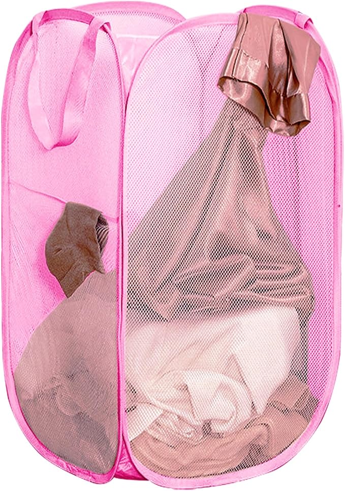 Portable Mesh Pop Up Laundry Hamper Pink Vertical Collapsible Laundry Basket - Image 7