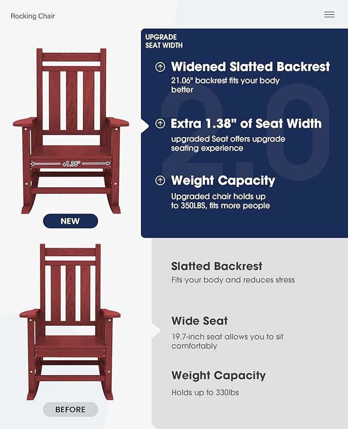 KINGYES Oversized Outdoor Rocking Chair, All-Weather Patio Rocking Chairs for Porch, HDPE Outdoor Patio Rockers with High Back & Wide Seat for Garden, Lawn, Red - Image 5