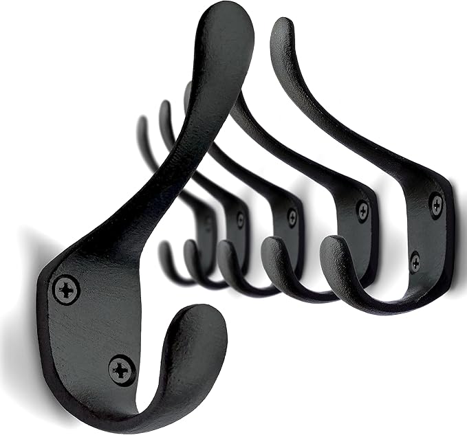 5 Pack Decorative Cast Iron Heavy Duty Double Hooks, Wall Mounted Coat Hooks - Image 5