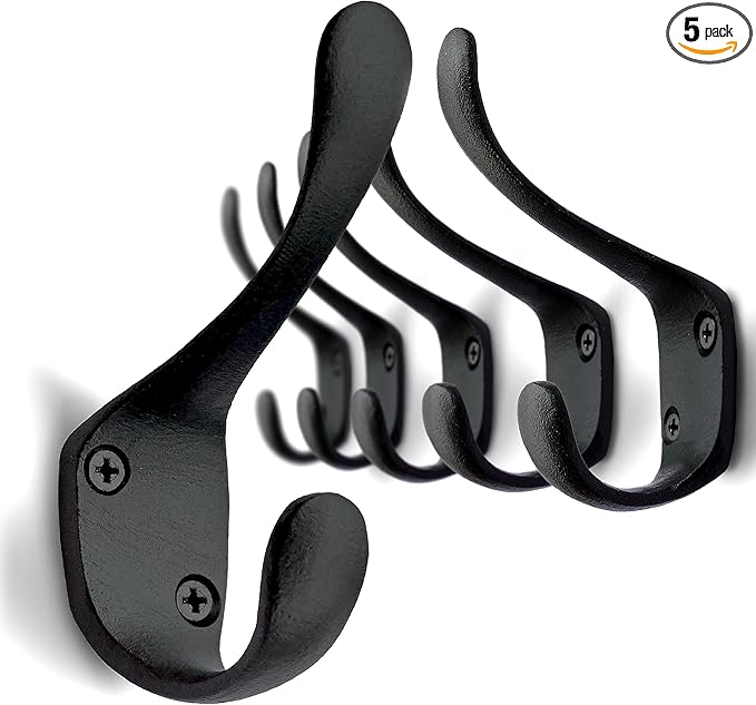 5 Pack Decorative Cast Iron Heavy Duty Double Hooks, Wall Mounted Coat Hooks by Ambipolar