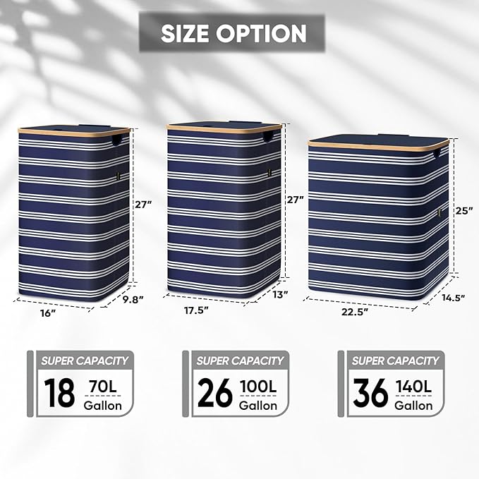 BALEINE Laundry Hamper with Lid, Tall Laundry Baskets with Bamboo Pull Handles - Image 2