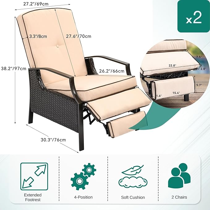 YITAHOME Outdoor Recliner Chair, 2-Piece Patio Adjustable Wicker Reclining Lounge Chairs, Dual-use Rattan Furniture Set with Soft Thick Cushions, Extended Footrest, Flip Back, Brown & Beige - Image 5