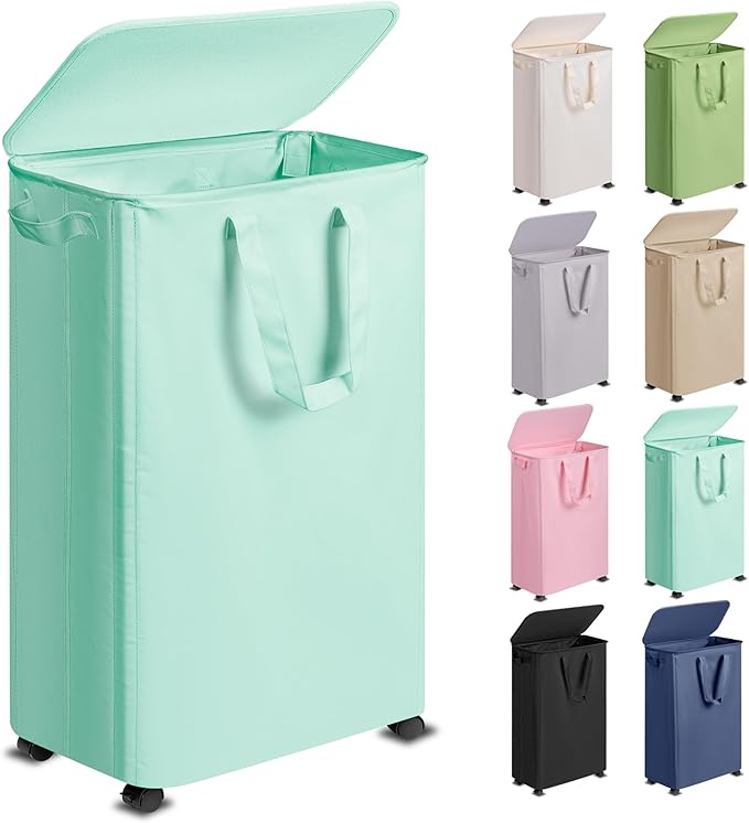 Slim Laundry Hamper with Lid and Wheels, Small Rolling Laundry Basket with by Vincona
