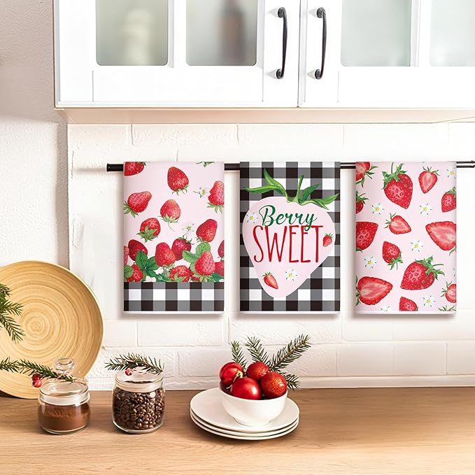 Bencailor 4 Pcs Strawberry Kitchen Towels Spring Berry Hand Dish Towels - Image 6