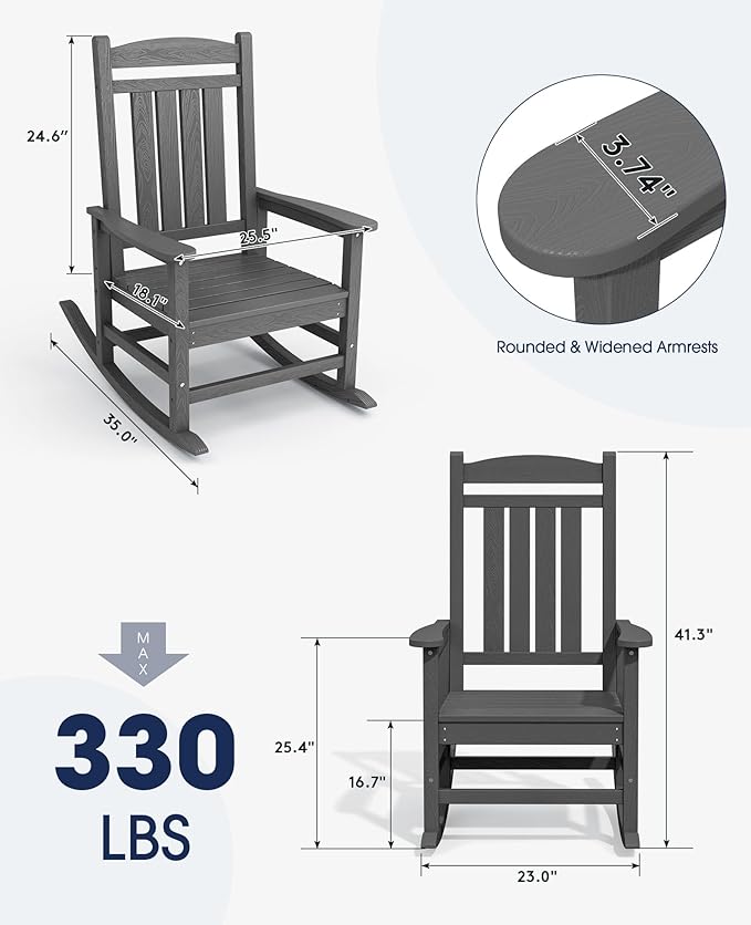 KINGYES Outdoor Rocking Chairs, HDPE All-Weather Patio Rocking Chairs High Back Porch Rocker for Adult, Gray - Image 3