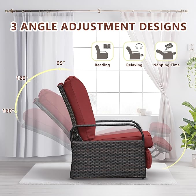 Outdoor Recliner, Outdoor Resin Wicker Patio Recliner Chair with 5.5'' Cushions, Patio Furniture Auto Adjustable Rattan Sofa, UV/Fade/Water/Sweat/Rust Protected, Easy to Assemble (Red) - Image 3