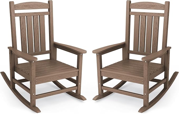 KINGYES HDPE Outdoor Rocking Chair Set of 2, Widened Seat Patio Rocking Chair, Oversized All Weather Patio Rocker, Brown by KINGYES