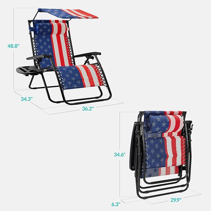 Best Choice Products 30” Wide Folding Zero Gravity Outdoor Recliner Patio Lounge Chair w/Adjustable Canopy Shade, Headrest, Side Accessory Tray - American Flag - Image 2