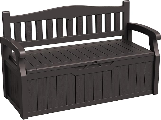 Greesum 80 Gallon Storage Bench Outdoor Deck Box with Armrest, Patio Furniture,Lockable, Waterproof and UV Resistant, Suitable for Garden, Pool, Brown by BuynowfromGreesum