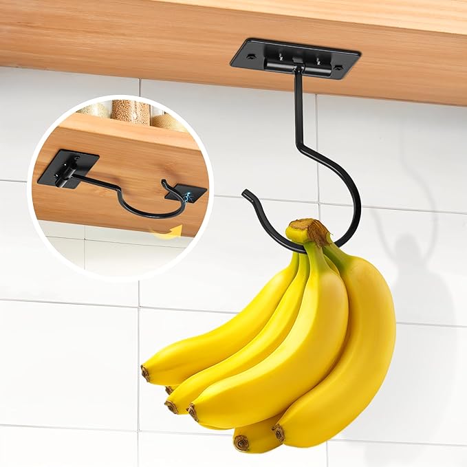 Self Adhesive Banana Hook Under Cabinet Foldable Banana Hanger Black Metal by Fitnice