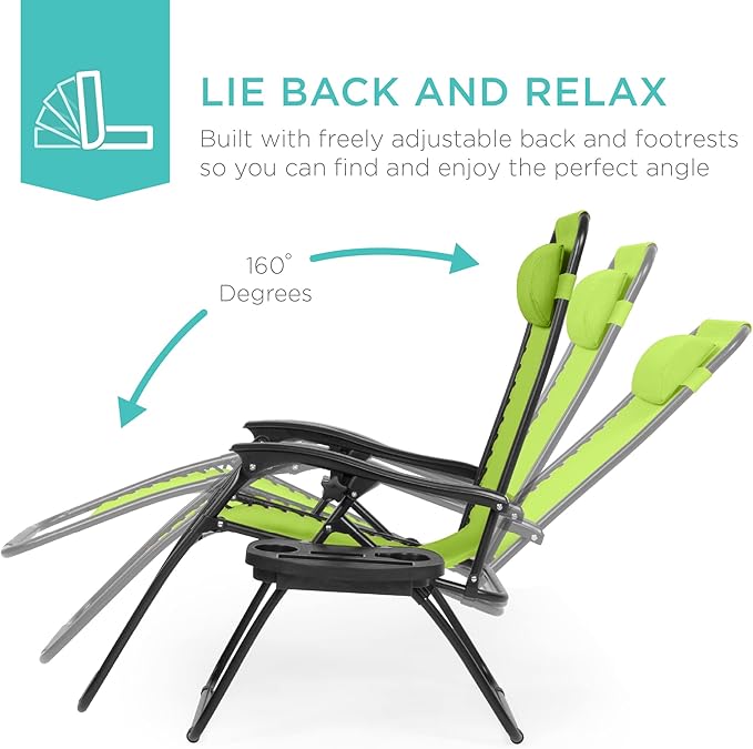 Best Choice Products Set of 2 Adjustable Steel Mesh Zero Gravity Lounge Chair Recliners w/Pillows and Cup Holder Trays - Lime Green - Image 4