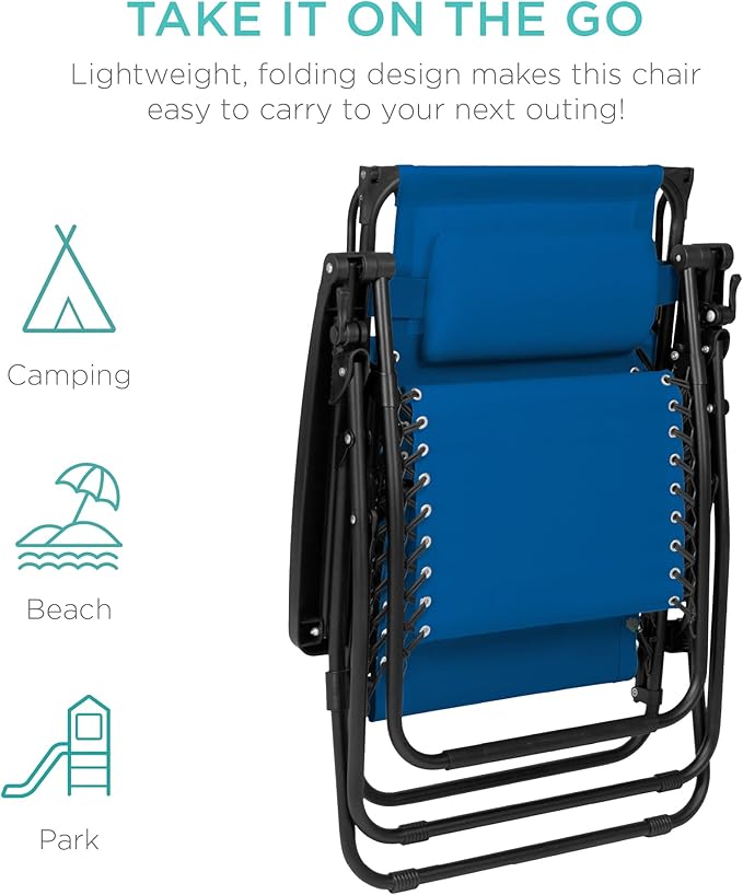 Best Choice Products Folding Zero Gravity Outdoor Recliner Patio Lounge Chair w/Adjustable Canopy Shade, Headrest, Side Accessory Tray, Textilene Mesh - Marine Blue - Image 7
