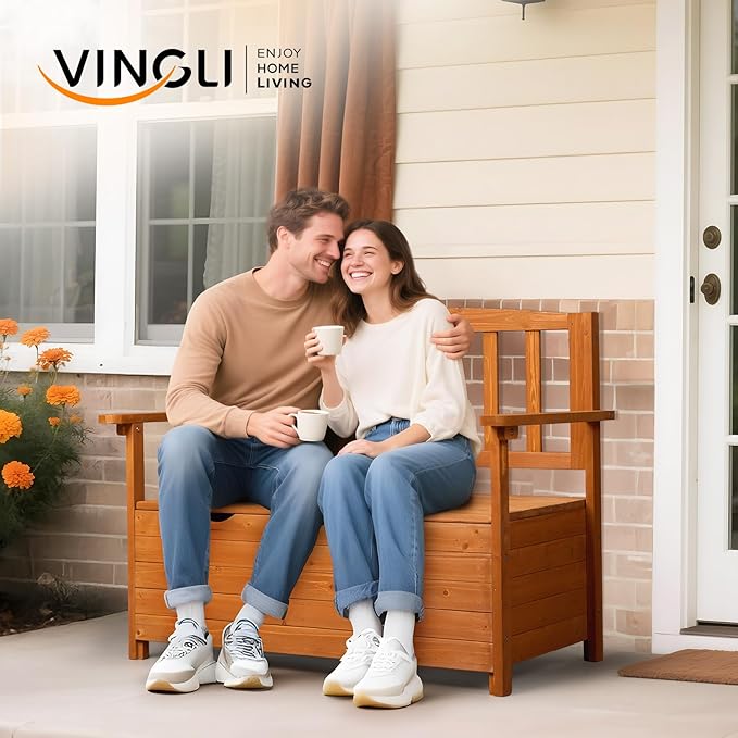 VINGLI Outdoor Storage Bench, Large Wood Deck Box with Seating, Weatherproof Outdoor Bench with Storage Loveseat, 2-Person Wooden Patio Bench for Entryway, Backyard, Garden - Image 2