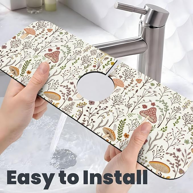 Cute Mushroom Wild Plant Kitchen Sink Splash Guard Faucet Mat 1 Pcs, Absorbent - Image 6