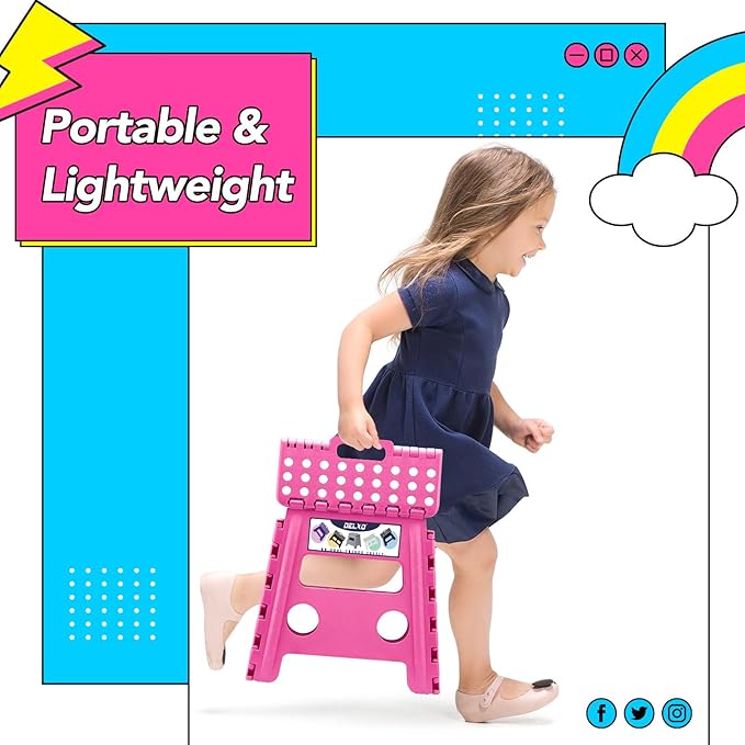 Delxo Folding Step Stool, 13 inch Non-Slip Foldable Stools for Kids & Adults Up to 300 LBS, Step Stool with Handle, Lightweight for Kitchen, Bathroom, Bedroom, Garden, Rose Pink, 1PC - Image 3
