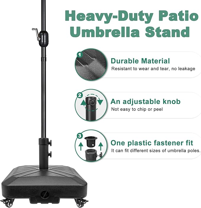 Patio Umbrella Base Heavy Duty with Wheels Square Market Stand for Outdoor 4 Locks 2 Knobs 125lb Capacity, Black - Image 6