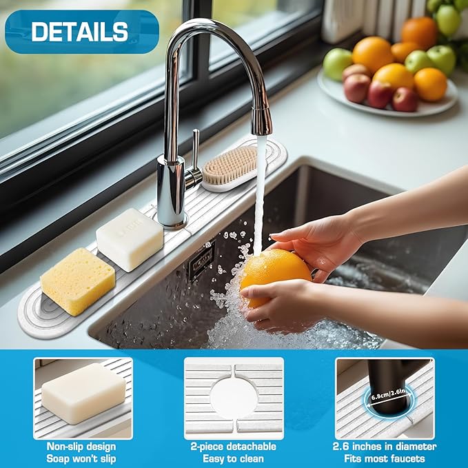 White-Oval 23.6" Diatomite Kitchen Faucet Mat Stone Sink Tray – Quick Drying - Image 6