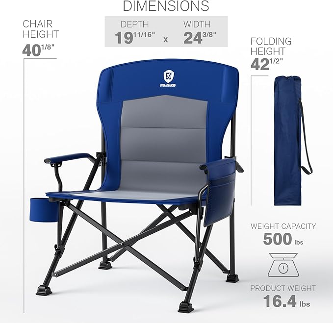 EVER ADVANCED Oversized Folding Camping Chair, for Adults Heavy Duty Lawn Chair with Side Pockets, Portable Collapsible Quad Chair for Outside, Support Up to 500lbs, Blue - Image 8
