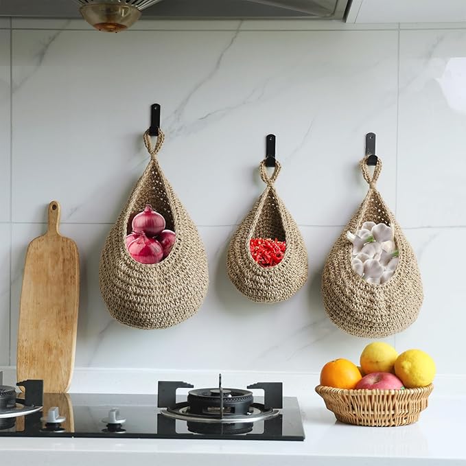 Hanging Fruit Large Basket Set of 3, Boho Wall Hanging Storage Basket - Image 5