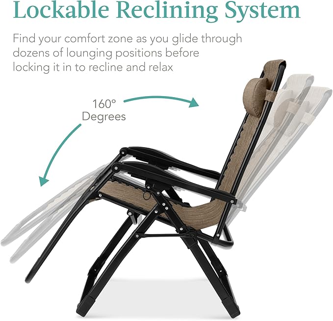 Best Choice Products Oversized Zero Gravity Chair, Folding Outdoor Patio Recliner, XL Anti Gravity Lounger w/Removable Cushion, Cup Holder, Side Tray, 350lb Capacity - Taupe - Image 6