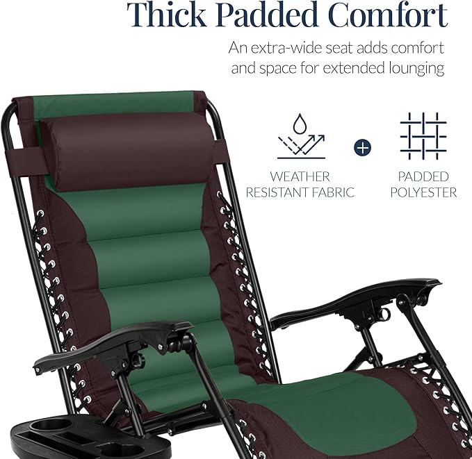 Best Choice Products Oversized Padded Zero Gravity Chair, Folding Outdoor Patio Recliner, XL Anti Gravity Lounger for Backyard w/Headrest, Cup Holder, Side Tray, Polyester Mesh - Espresso/Green - Image 5
