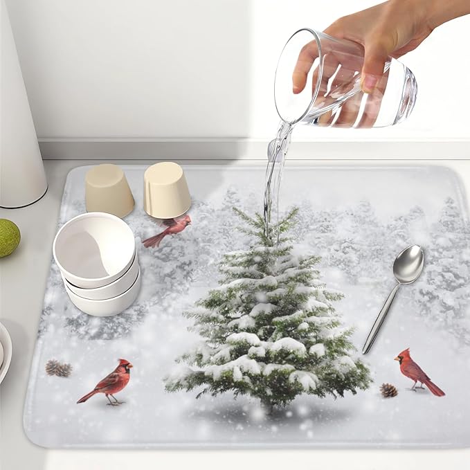 Winter Forest Dish Drying Mat for Kitchen Counter Silvery White Pine Trees Snow - Image 6