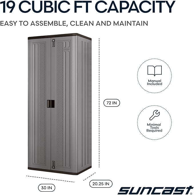 Suncast Tall Storage Cabinet, Platinum Resin Garage Storage Cabinet with Doors & Shelves, Plastic, Lockable, Freestanding Utility Closet for Tools & Supplies, Made in USA - Image 3