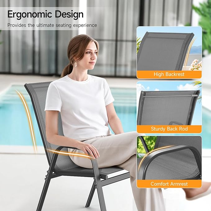 ONBRILL Patio Chairs set of 2, Easy Assembly Stackable Outdoor Dining Chairs with Wide Seat and Sturdy Metal Frame, Breathable All Weather Textilene Outdoor Chairs Set of 2 for Deck, Pool, Porch, Grey - Image 7