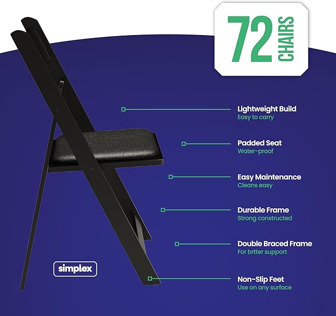 SIMPLEX 72 Black Resin Stackable Folding Chair - Comfortable Black Foldable Chair - Folding Chairs with Padded Seats - Indoor/Outdoor Folding Chairs for Events - Lightweight Foldable Chairs (72 Pack) - Image 2