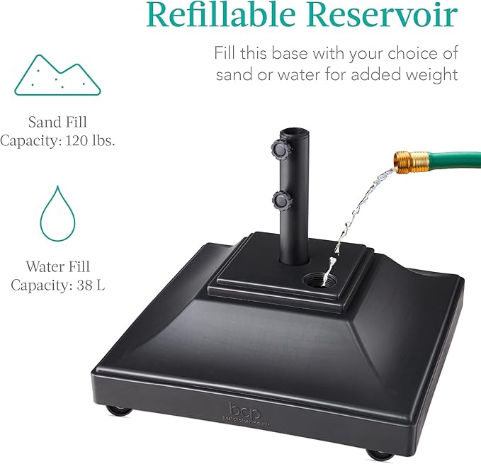 Best Choice Products Fillable Mobile Umbrella Base, Heavy Duty Base, Square Tiered Market Stand for Patio, Deck, Outdoor w/ 4 Wheels, 2 Locks, 2 Knobs, 120lb Capacity - Black - Image 4